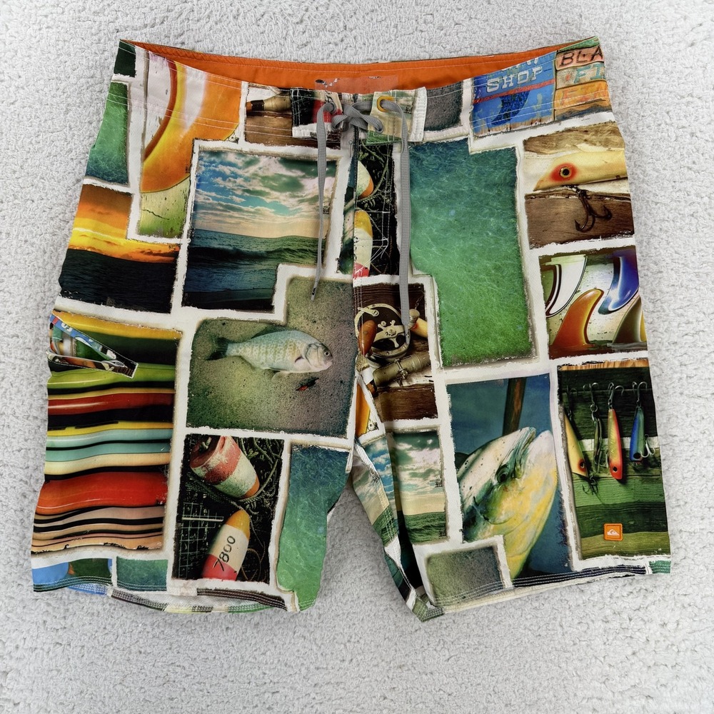 Quiksilver Board Shorts Mens 38 Multicolor Photo Surf Fish Swim Trunks Beach
